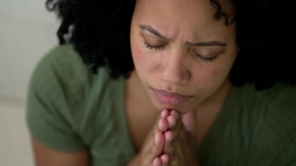 Young Woman Prayer Closeup Face Meditative Happy Adult Girl Opening — Stock Video