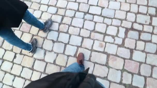 Boots Pov Walking Medieval Cobblestone Person Visiting Historical City Point — Stock Video