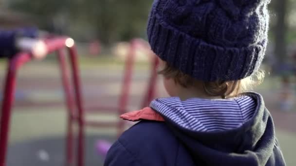 子供たちがスピンするのを観察する遊び場に立つ子供の背中 — ストック動画