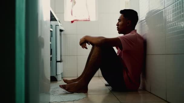 Anxious Young South American Man Sitting Floor Feeling Worried Emotion — Stock Video