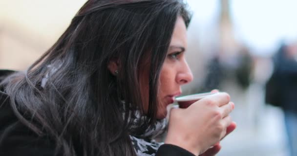 Woman Blowing Cool Hot Drink Girl Drinking Warm Beverage Cold — Stock Video