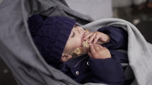 Kleinkind Isst Kinderwagen Brot Kohlenhydrat — Stockvideo