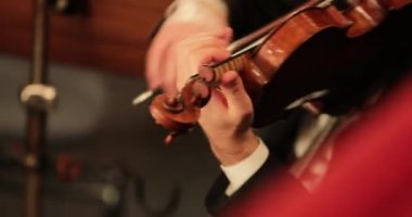 Kemancı konser salonunda keman çalıyor. Müzisyen 4K senfoni orkestrasında çalıyor.