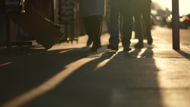 Silhouettes Feet People Walking Street Sunset Time — Stock Video