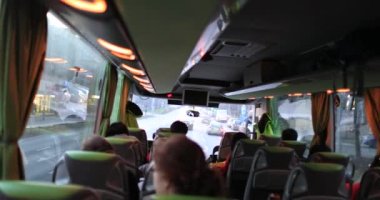 Back of a bus perspective. Passenger POV traveling by bus in Europe