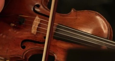 Konser salonunda keman çalan siyolinistin yakın çekimi. Müzisyen 4K senfoni orkestrasında çalıyor.