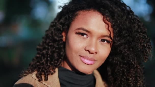 Ung Svart Kvinna Självsäker Afrikansk Flicka Ler Solljus — Stockvideo