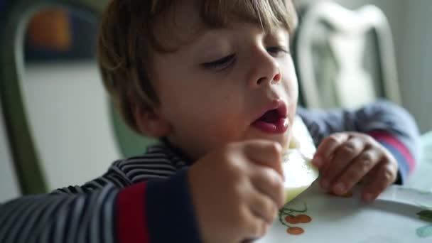 Μικρό Αγόρι Τρώει Πράσινα Φρούτα Πεπόνι — Αρχείο Βίντεο