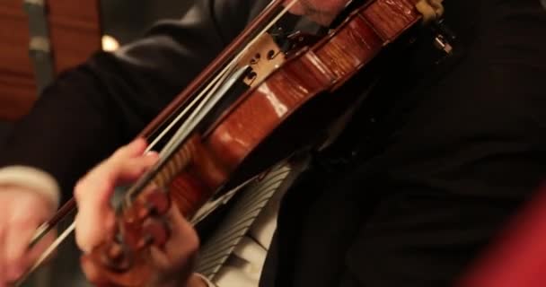 Violinista Tocando Violino Sala Concertos Músico Tocando Orquestra Sinfônica — Vídeo de Stock