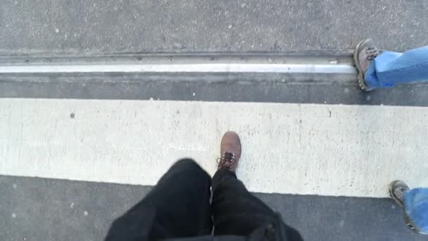 Point View Person Walking Crosswalk Pov Man Boots Step Step — Stock Video