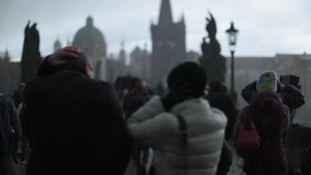 Задня Група Людей Які Гуляють Річкою Євро Під Час Холодного — стокове відео