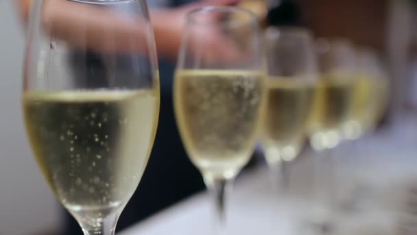 Выливание Шампанского Линию Бокалов — стоковое видео
