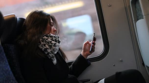 Trende Akıllı Telefon Cihazını Kullanan Banliyö Kadını Arka Plan Hareketinde — Stok video
