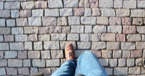 Point View Man Walking Cobblestone Medieval Town Pov Person Walking — Stock Video