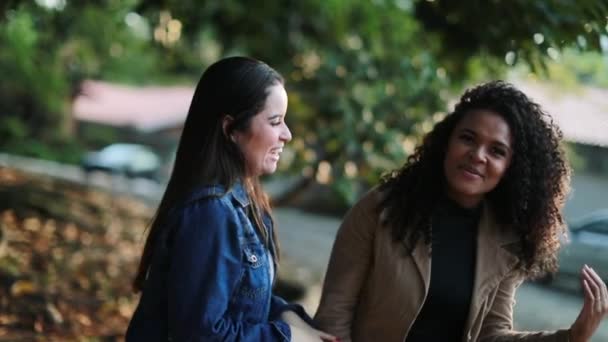 Twee Verschillende Vriendinnen Buiten Het Park Vrouwen Glimlachen Lachen — Stockvideo