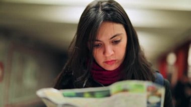 Kadın yol tarifi için kağıt haritasını kontrol ediyor. Yeraltındaki metro platformunda nereye gidileceğini bilmek için haritaya bakan samimi, gerçek bir insan.