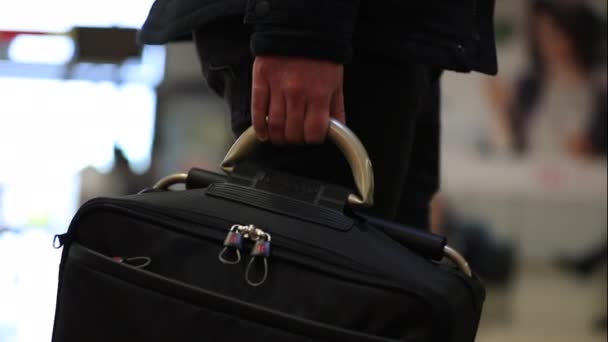 Close Person Carrying Luggage Closeup Man Hands Carries Briefcase — Stock Video