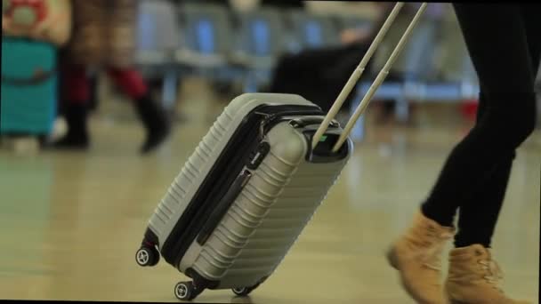 Havaalanında Bavul Taşıyan Biri Gezgin Tekerlekli Bavulu Sürüklüyor — Stok video