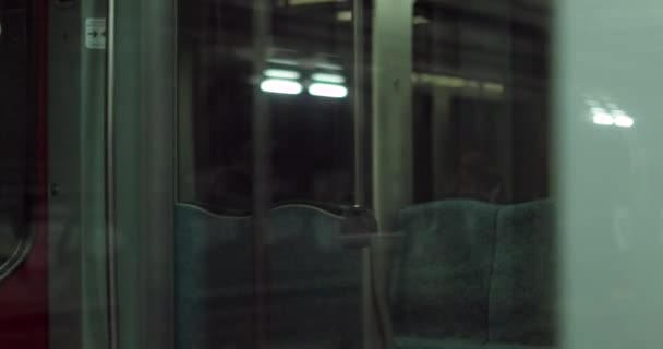 Riding Underground Subway Train Lights Passing Seen Reflective Window — Stock Video