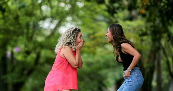 Mutlu Kız Arkadaşlar Sevinir Kucaklaşır Iki Arkadaş Mutlu Hisseder — Stok fotoğraf