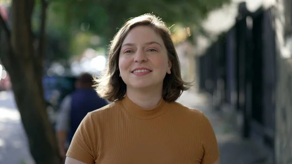Portrait Happy Young Woman Walking City Sidewalk Millennial Girl 20S — Fotografia de Stock