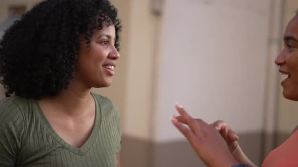 Duas Mulheres Negras Felizes Conversa Livre Namoradas Conversando Fofocando Pessoas — Vídeo de Stock