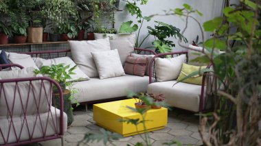Living room interior with sofas and green plants. Home decor and couches with green environmental theme