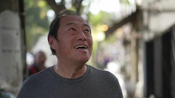 One Joyful Asian Man Walking Smiling City Street Portrait Smiling — Φωτογραφία Αρχείου