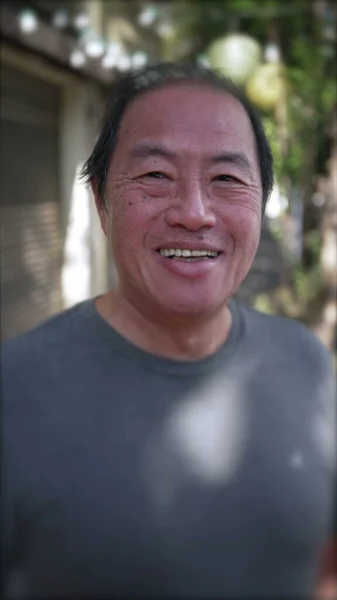 Portrait Middle Aged Asian American Man Smiling Standing Street Bright — Fotografia de Stock