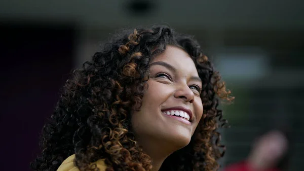 One Young Black Woman Feeling Gratitude Closeup Face Portrait Hopeful — Stock Photo, Image