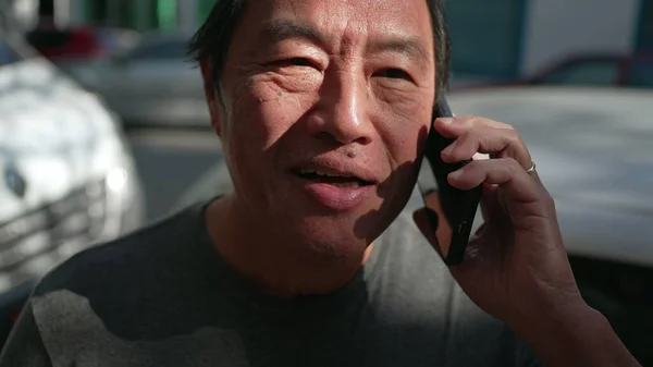 Asian American Man Speaking Phone Urban Street Portrait Middle Aged — Fotografia de Stock