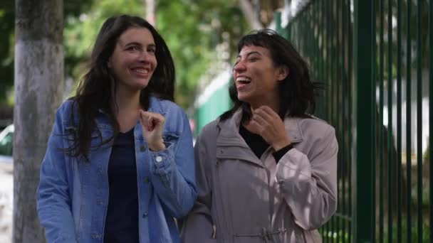 Kadınlar Şehir Caddesinde Konuşuyor Yürüyor Konuşan Iki Mutlu Bayan Arkadaş — Stok video