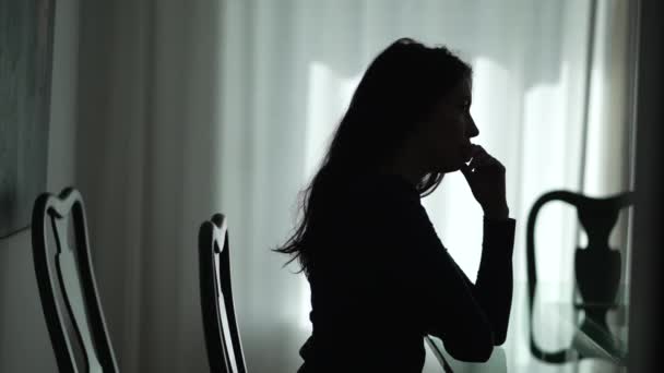 Silhouette Einer Nachdenklichen Frau Depressive Person Einsamkeit Hause — Stockvideo