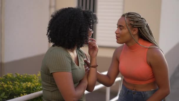 两个快乐的黑人女人站在外面聊天 女朋友聊天和闲聊 在外面讲话的人分享谣言 — 图库视频影像