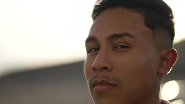 Closeup South American Hispanic Brazilian Young Man Face Serious Expression — Stock Video