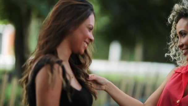 Dwie Dziewczyny Śmieją Się Razem Zewnątrz Kobiety Rozmawiają Zewnątrz — Wideo stockowe