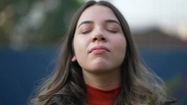 Serene Peaceful Young Woman Closing Eyes Contemplation Spiritual Meditative Millennial — Stock Photo, Image