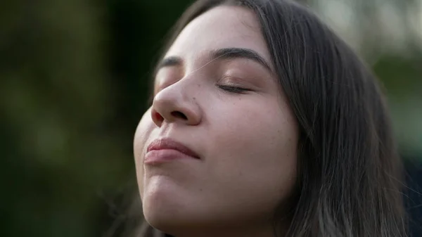 Young Woman Closing Eyes Meditation Closeup Face Person Smiling Hope — Stock Photo, Image