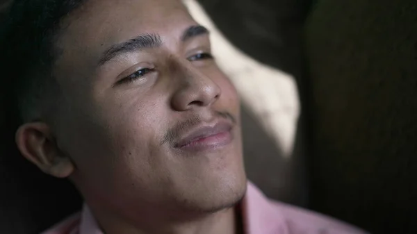 One Confident Happy Hispanic Man Lying Bed Feeling Satisfied — Stock Photo, Image