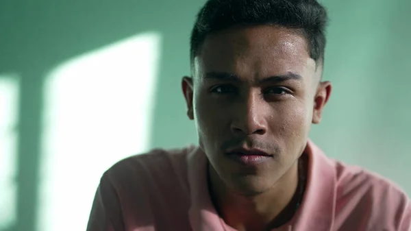 Portrait Serious Hispanic Young Man Looking Camera Closeup Face Latin — Stock Photo, Image