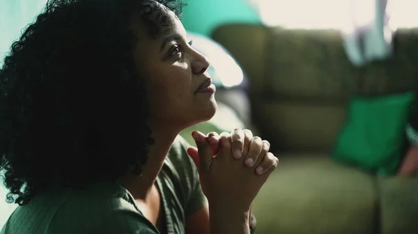 Happy Woman Feeling Grateful Spiritual African American Person Having Trust — Stock Photo, Image