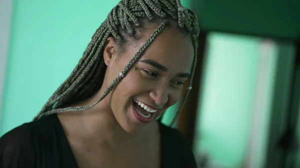 One Happy Black Latina Women Box Braids Hairstyle African American — Stock Photo, Image