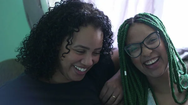 Two Young Black Women Laughing Together Hispanic Latin Women Real — Stock Photo, Image