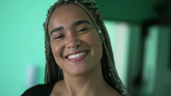 One Happy Hispanic Black Woman Portrait Face Smiling Camera Dreadlocks — Stock Photo, Image