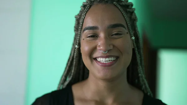 One Happy Hispanic Black Woman Portrait Face Smiling Camera Dreadlocks — Stock Photo, Image