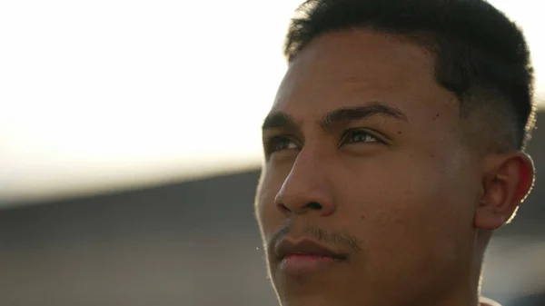 Closeup South American Hispanic Brazilian Young Man Face Serious Expression — Stock Photo, Image