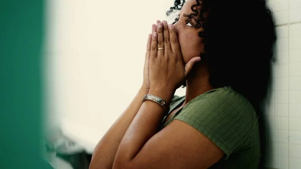 One Scared Young Black Woman Sitting Floor Covering Face Shame — Stock Photo, Image