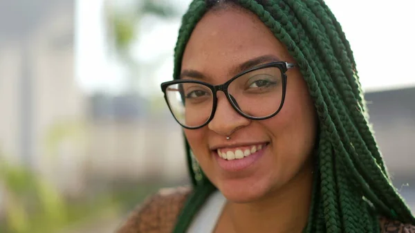 Portrait Young Black Woman Face Smiling Camera South American Brazilian — Stock Photo, Image