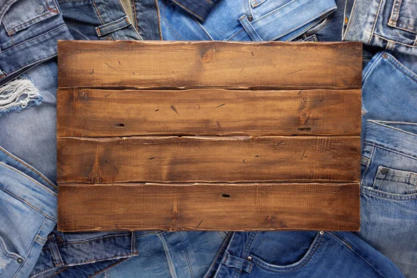 Stack Blue Jeans Denim Wood Name Plate Jeans Heap Wooden — Foto Stock