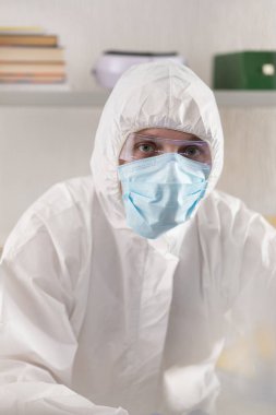 Scientist think in chemical laboratory. Lab scientist looking and thinking